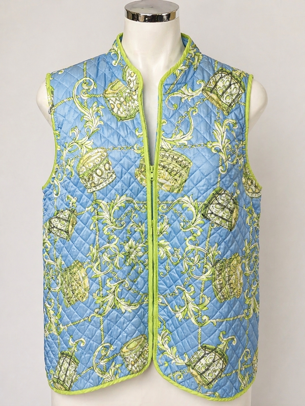 SilkLand 100% Silk Quilted Vest Blue Green Baroque Print 2XL Cottagecore - Picture 2 of 8